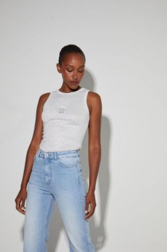 Top silver en maille côtelée lurex avec logo IMPREVU | Marine Auvelais