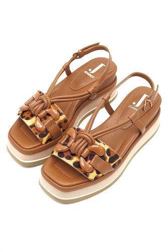 Sandale compensée brune & léopard JEANNOT | Marine