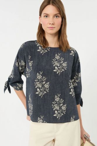 Blouse en crêpe de soie à imprimé fleuri effet denim MAXMARA | Marine