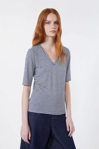 MaxMara-Weekend tee-Shirt Bleu/blanc femmes (Tshirt lin rayures - OPTIONE col V) - Marine | Much more than shoes