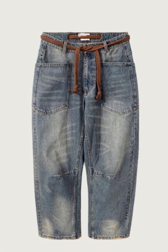 Jeans denim bleu délavé ceinture tresse ME369 | MARINE Auvelais