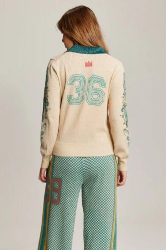 Pull polo écru avec bords glitter vert émeraude ME369 | Marine