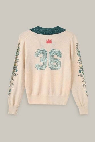 Pull polo écru avec bords glitter vert émeraude ME369 | Marine