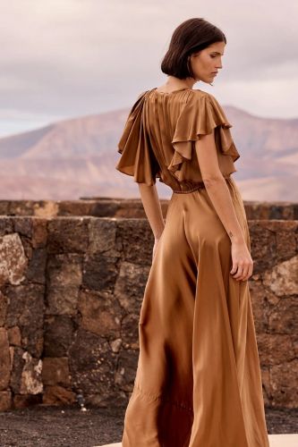 Robe longue fluide caramel en satin MES DEMOISELLE | Marine