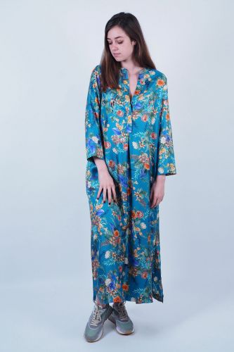 Longue robe en soie bleue fleurie MOMONI | Marine