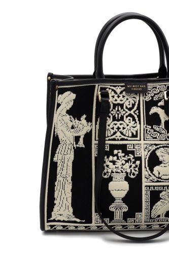 Grand shopper tapisserie noir & écru MYBESTBAG |Marine
