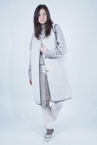 Oakwood manteau Beige femmes (long gilet clair liseré cuir gris - IKEBANA beige bord gris) - Marine | Much more than shoes