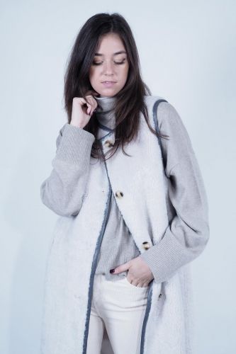 Oakwood manteau Beige femmes (long gilet clair liseré cuir gris - IKEBANA beige bord gris) - Marine | Much more than shoes