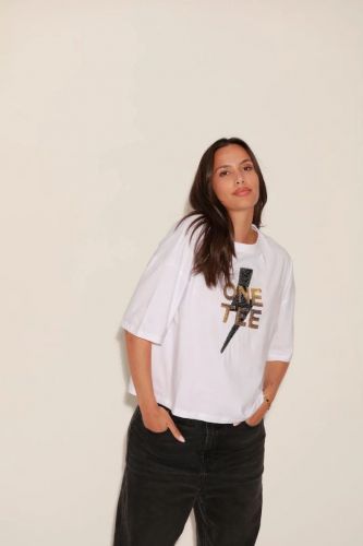 T-shirt blanc avec logo« ONE TEE » en sequins doré ONE TEE | Marine