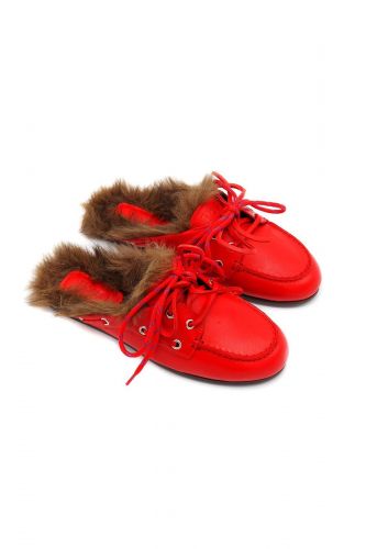 Boatshoes loafers en cuir rouge intérieur fourré poils brun POSA | Marine