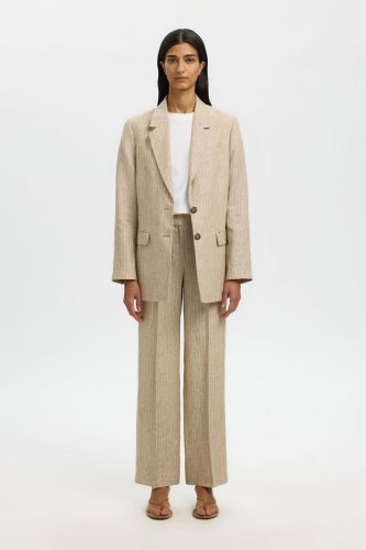 Pantalon fluide brun à rayures en lin SELECTED | Marine