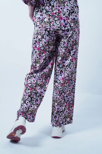 Pantalon patte d'eph noir fleuri rose SELECTED | Marine
