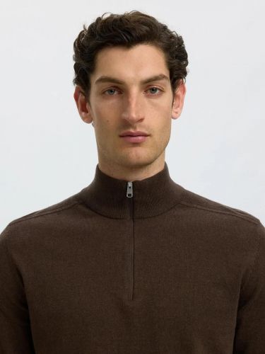 Pull demi-zip marron à manches longues SELECTED | Marine