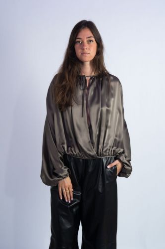 Blouse bouffante taupe en satin SEMI-COUTURE | Marine