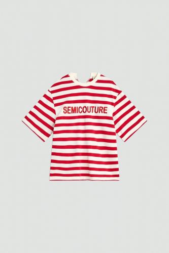 T-shirt à lignes rouges et blanches et chaine dans le dos SEMI COUTURE | Marine