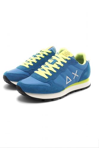 SUN68 basket bas Bleu hommes (bleu jean lacet jaune fluo - TOM 35102 avio jaune fluo) - Marine | Much more than shoes