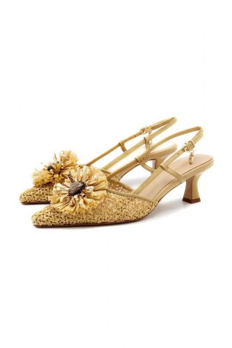 Slingbacks en rafia naturel avec fleur et kitten heel | Marine