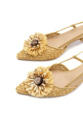 Slingbacks en rafia naturel avec fleur et kitten heel | Marine