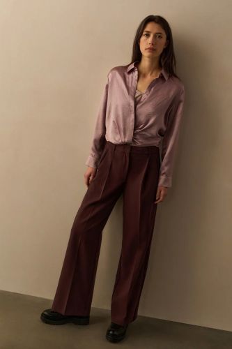 Pantalon large tissé avec bande latérale en satin bordeaux YAYA | Marine