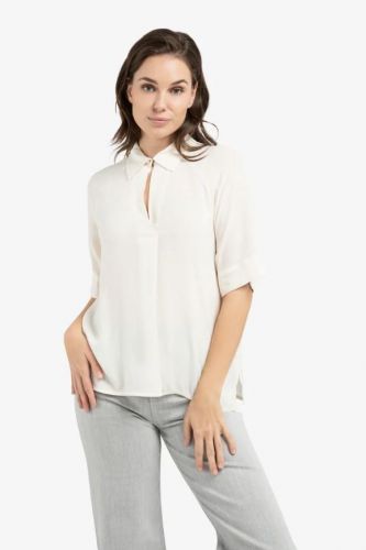 Yaya chemise Ecru femmes (blouse soyeuse col V + finition perle - 701356 blouse légere) - Marine | Much more than shoes