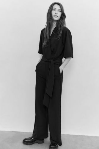 Combinaison noire en jersey à manches courtes et ceinture à nouer YAYA | Marine