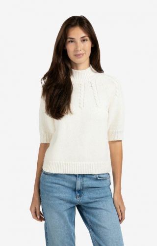 Pull à grosse maille écru, finitions torsadées et demi-manches YAYA | Marine