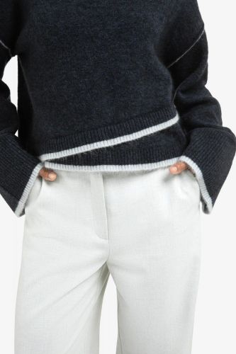 Pull court bleu gris à lignes contrastées YAYA | Marine