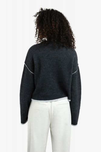 Pull court bleu gris à lignes contrastées YAYA | Marine