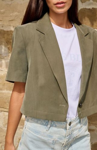 Yaya veste Kaki femmes (veste 2 en 1 kaki coton viscose zip - 501083 kaki souple) - Marine | Much more than shoes