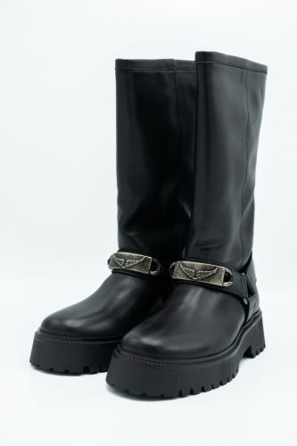 Zadig & Voltaire Accessoires botte Noir femmes (Botte en cuir noir avec triangle métal - ANGIE SMOOTH noir) - Marine | Much more than shoes