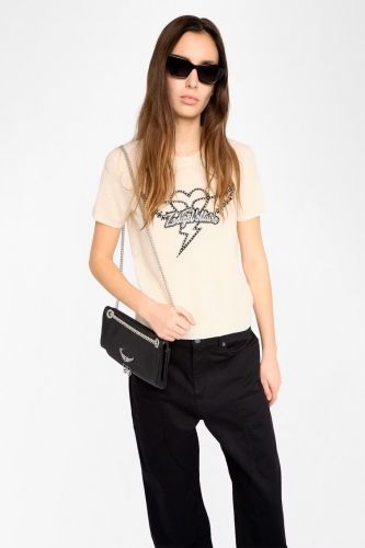 Pull à manches courtes beige 100 % cachemire orné de strass ZADIG & VOLTAIRE | Marine 