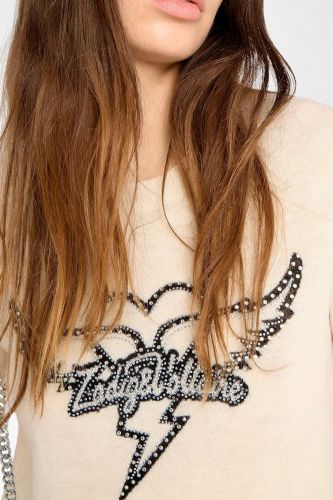 Pull à manches courtes beige 100 % cachemire orné de strass ZADIG & VOLTAIRE | Marine 