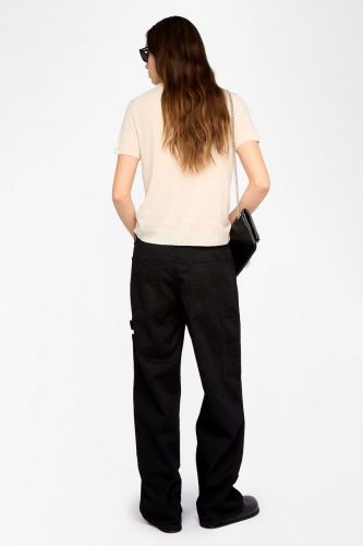 Pull à manches courtes beige 100 % cachemire orné de strass ZADIG & VOLTAIRE | Marine 