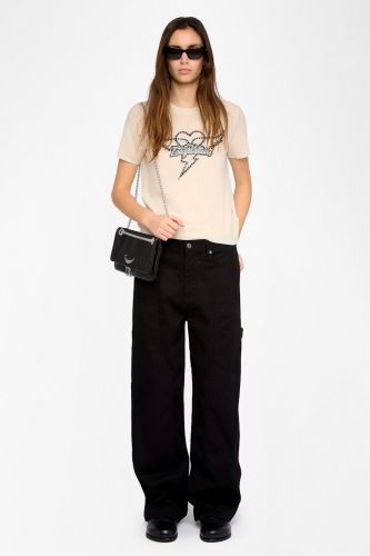 Pull à manches courtes beige 100 % cachemire orné de strass ZADIG & VOLTAIRE | Marine 