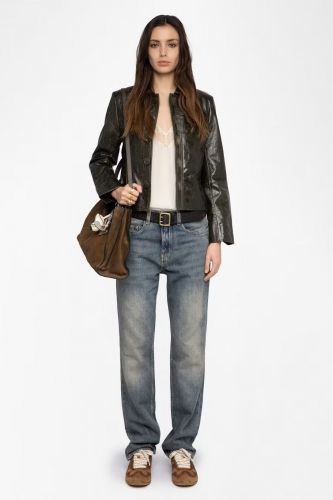 Veste cintrée à boutons en cuir lisse verte ZADIG & VOLTAIRE | Marine