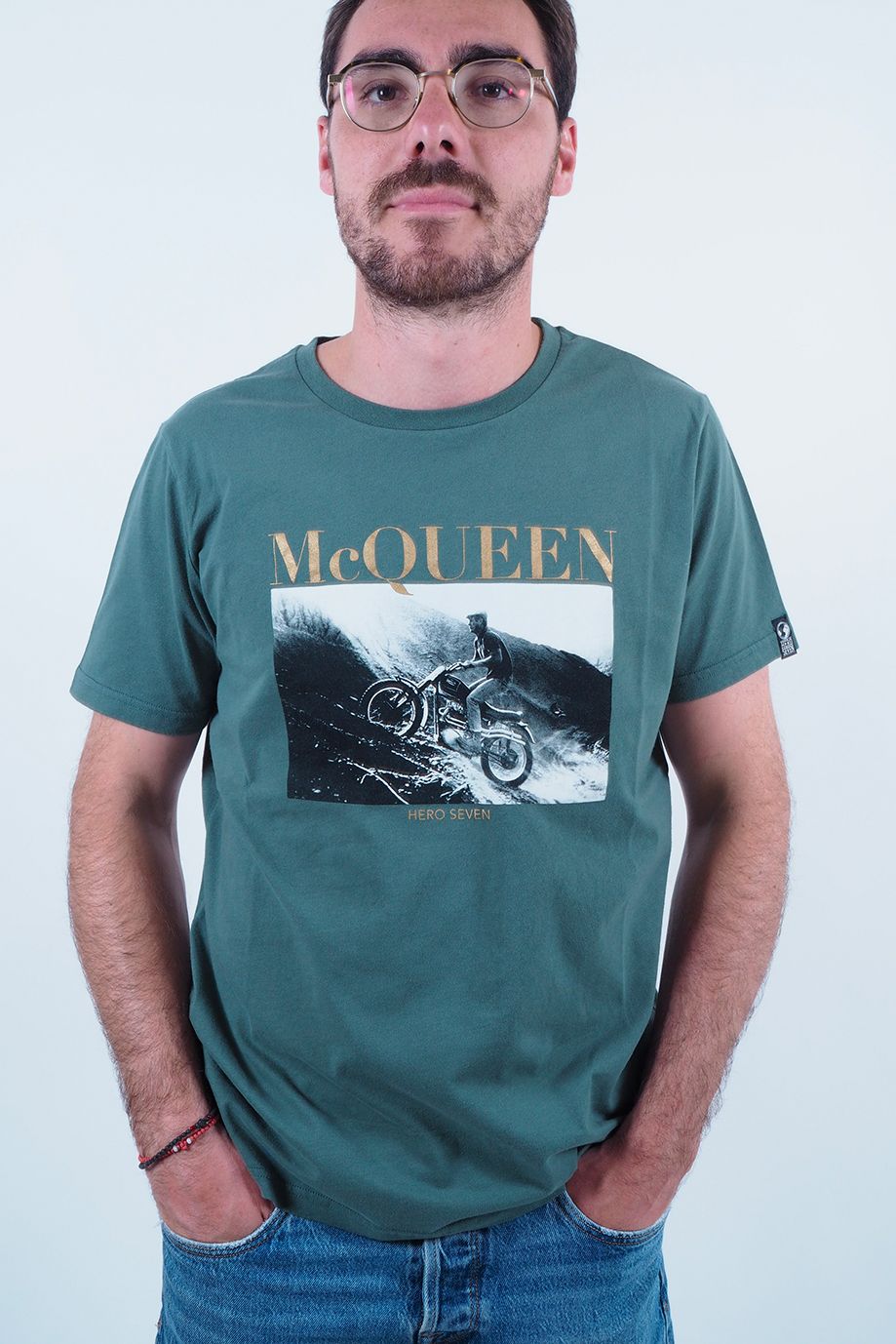T-shirt vert Steve McQUEEN et sa moto HERO SEVEN | Marine