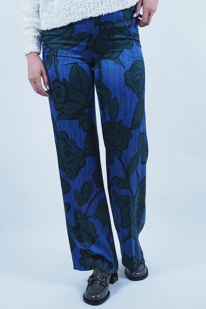 Pantalon large bleu fleuri vert JULIA JUNE | Marine
