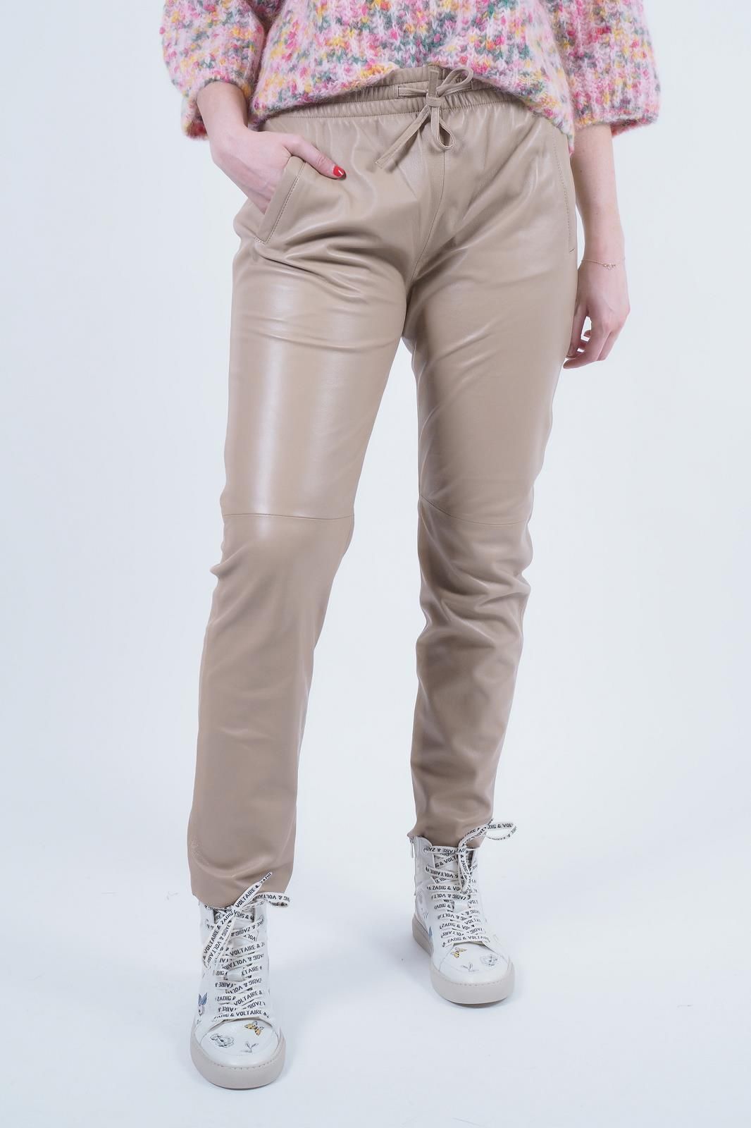 Pantalon droit en cuir beige OAKWOOD | Marine