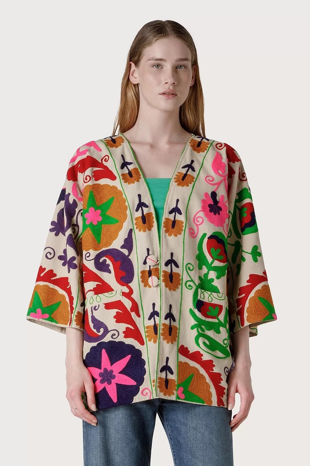 Kimono court coloré floral 1970 SEVENTY | Marine