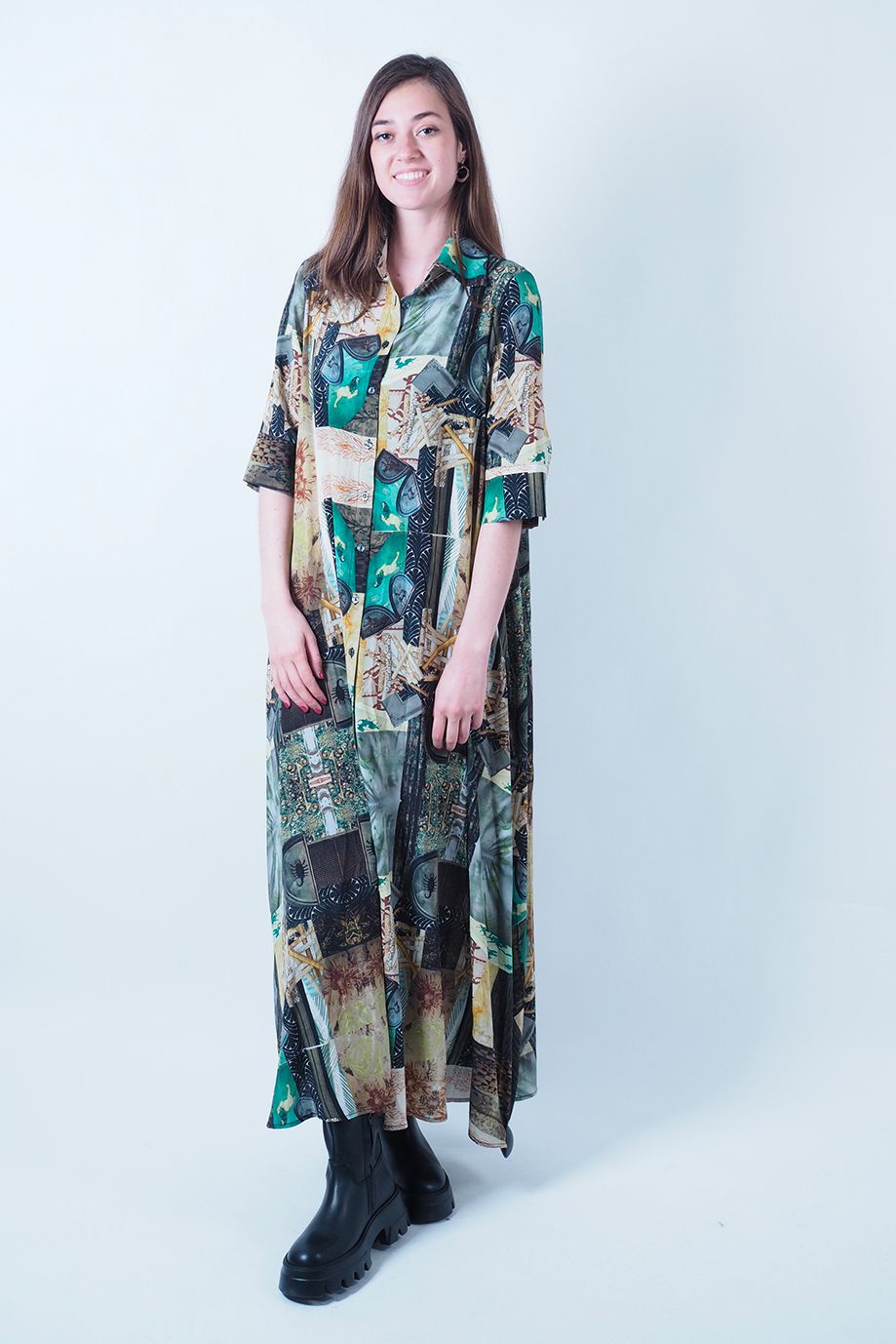 Longue robe en soie verte patchwork UNBREAKABLE | Marine